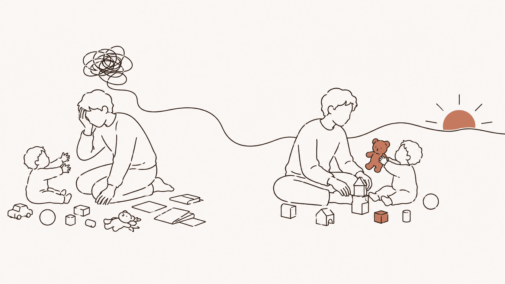 繰り返すイライラから抜け出し、子どもとの毎日がやわらぐ様子のイラスト（16:9）